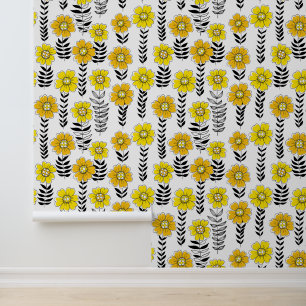 Daisy doodles in yellow and black wallpaper