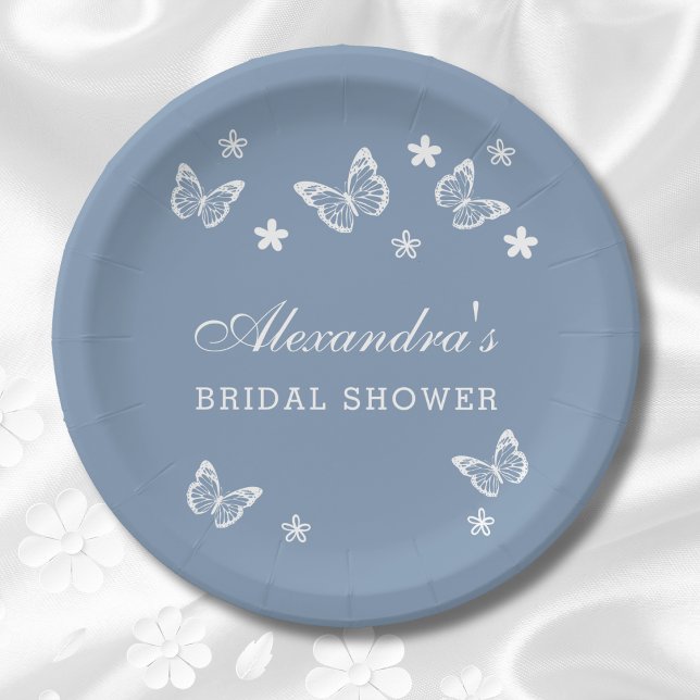 Daisy Dusty Blue White Butterfly Bridal Shower Paper Plate (Creator Uploaded)