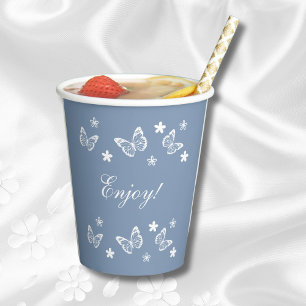 Daisy Dusty Blue White Butterfy Bridal Shower Paper Cups