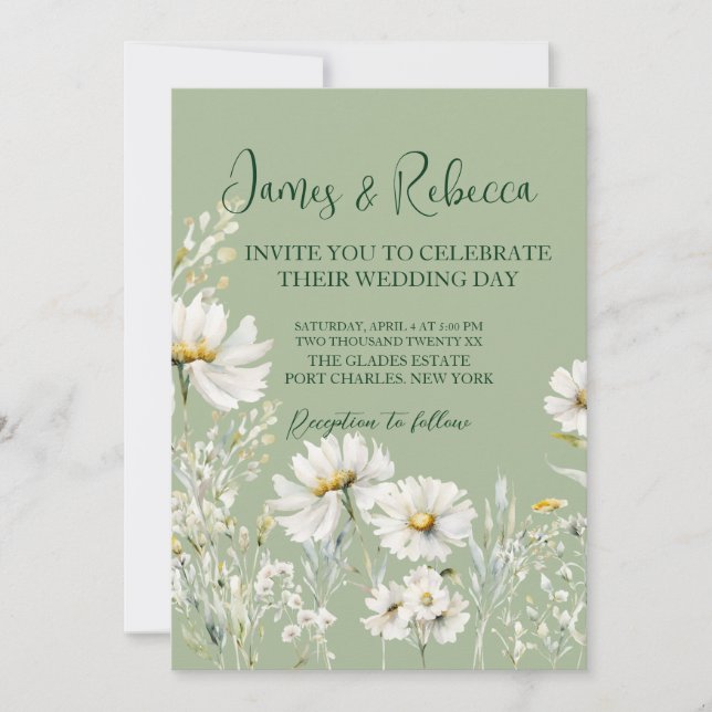 Daisy Earthy Sage & Botanical Greenery Wedding  Invitation (Front)