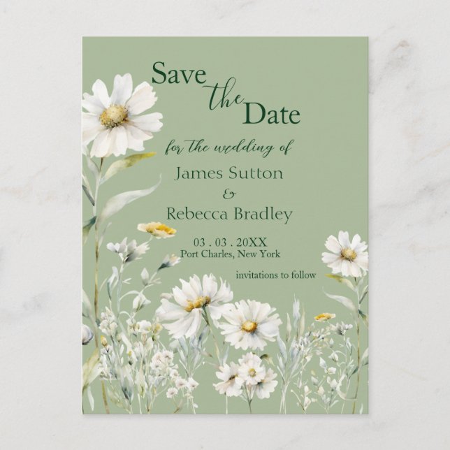 Daisy Earthy Sage & Botanical  Save the Date Postcard (Front)