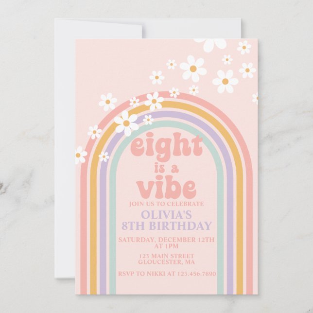 Daisy Eight is a Vibe Pastel rainbow 8th birthday Invitation (Front)