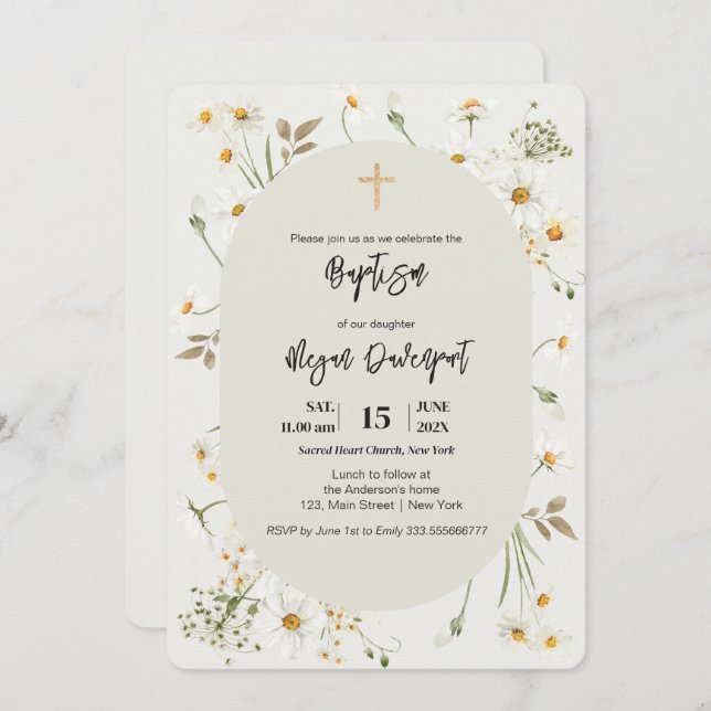 Daisy elegant  Floral Boho Baptism Invitation (Front/Back)