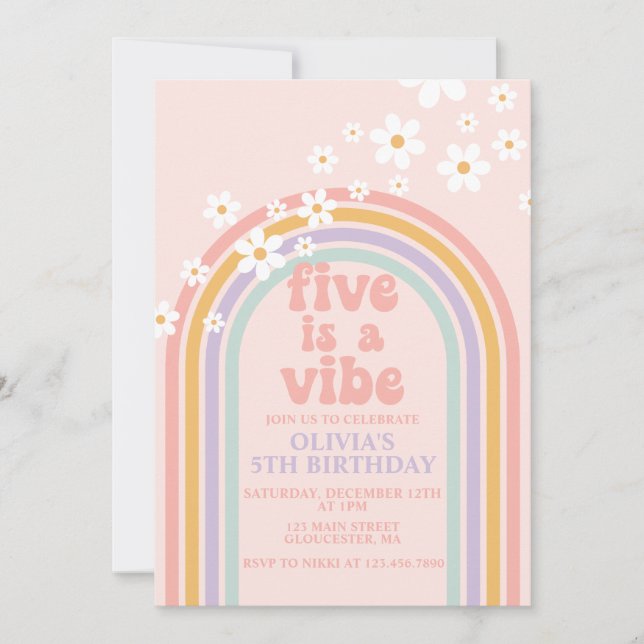 Daisy Five is a Vibe Pastel rainbow 5th birthday Invitation (Front)