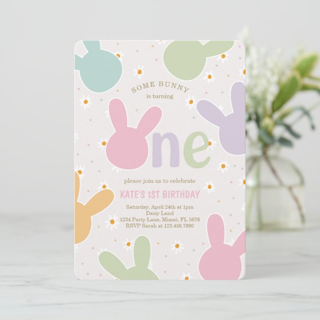 Daisy Floral Bunny 1st Birthday Invitation (Standing Front)