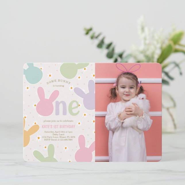 Daisy Floral Bunny 1st Birthday Photo Invitation (Standing Front)