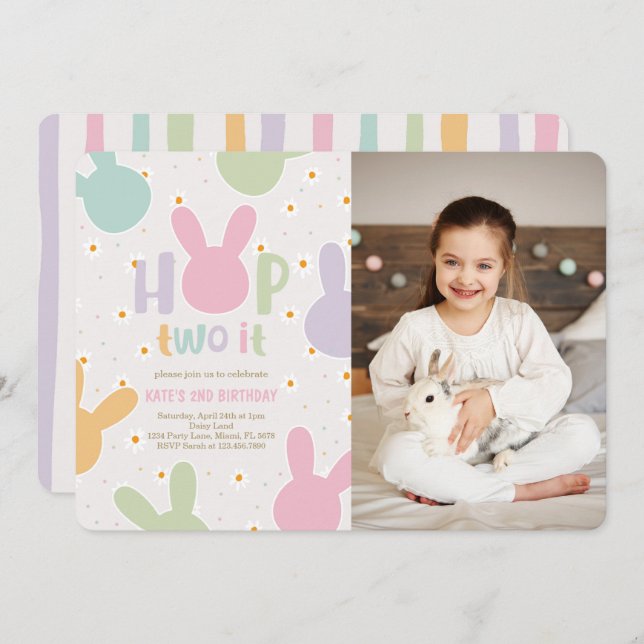 Daisy Floral Bunny 2nd Birthday Invitation (Front/Back)