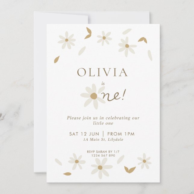Daisy Floral First Birthday Invitation - White (Front)
