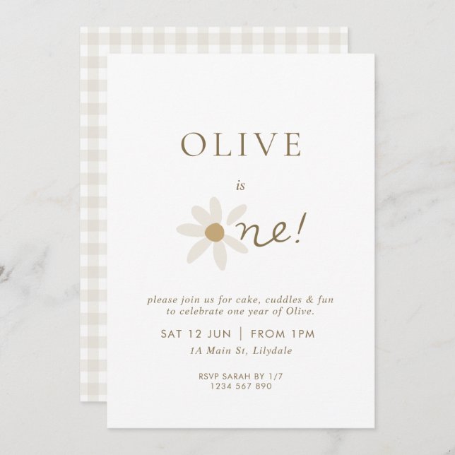 Daisy Floral First Birthday Invitation - White (Front/Back)