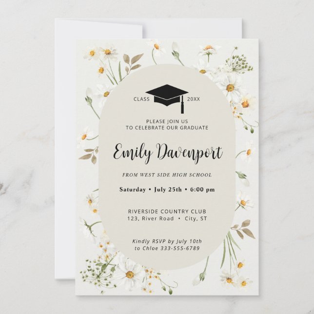 Daisy Floral Graduation photo on back  Invitation (Front)