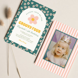 Daisy Floral Green pink Groovy Girl Birthday Invitation