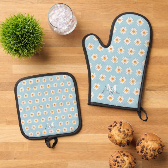 Daisy Floral Oven Mitt & Pot Holder Set (Top Down)