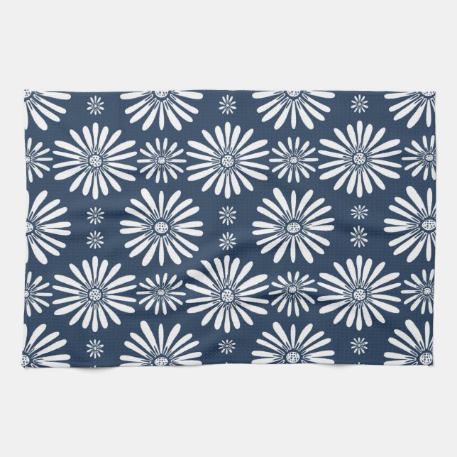 Daisy FLoral  Pattern Blue White Tea Towel (Horizontal)