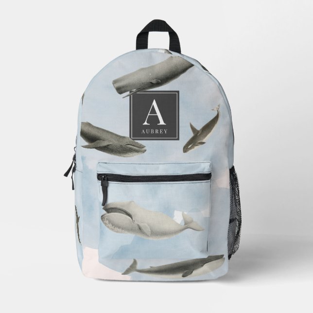 Daisy Floral Pattern Watercolor Monogram Printed Backpack (Front)