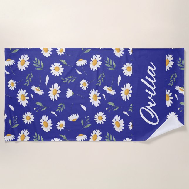 Daisy Floral Periwinkle Monogram Beach Towel (Front)