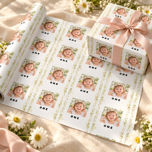Daisy Floral Photo 1st Birthday Wrapping Paper