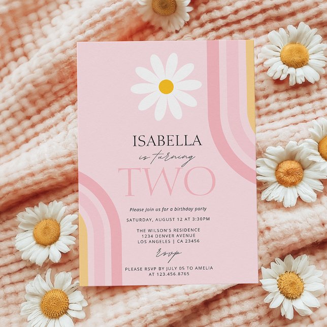 Daisy Floral Retro Pink Two Birthday Party Invitation (Creator Uploaded)