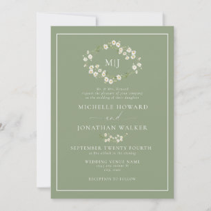 Daisy Floral Wreath Formal Elegant Script Wedding Invitation