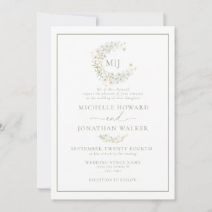Daisy Floral Wreath Formal Elegant Script Wedding Invitation