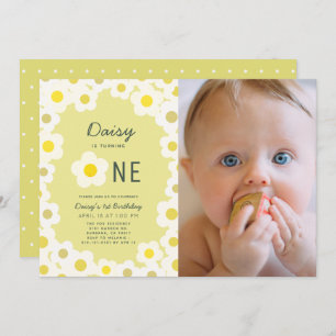 Daisy Floral Yellow Photo 1st Birthday Invitation