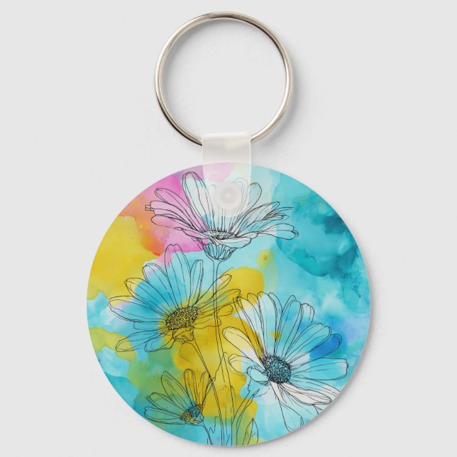 Daisy Flower Aluminium Circle Keychain Gift (Front)