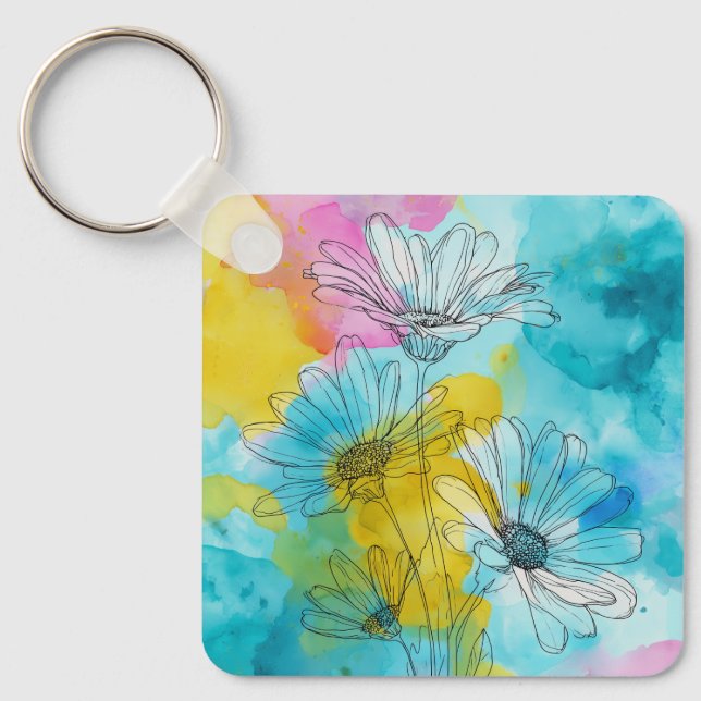 Daisy Flower Aluminium Square Keychain Gift (Front)