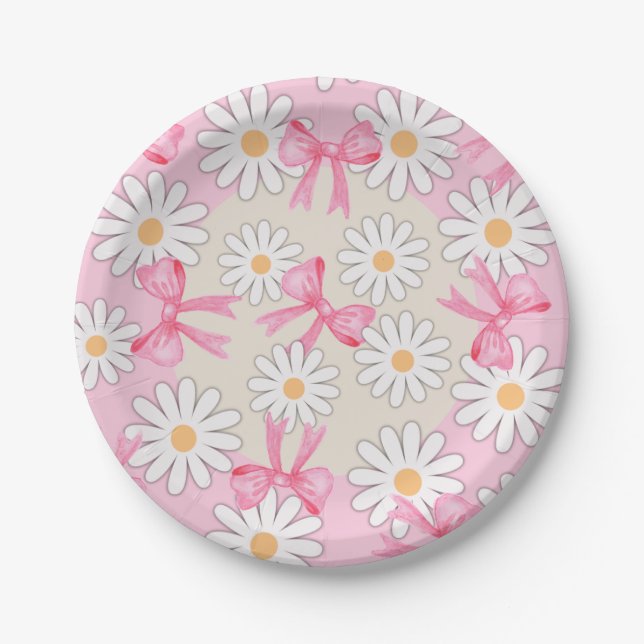 Daisy Flower Bow Paper Plates 7" Round Paper Plate (Front)