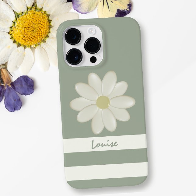 Daisy Flower Cream Stripes Sage Green Name Case-Mate iPhone Case (A sage green daisy phone case with space for your name)