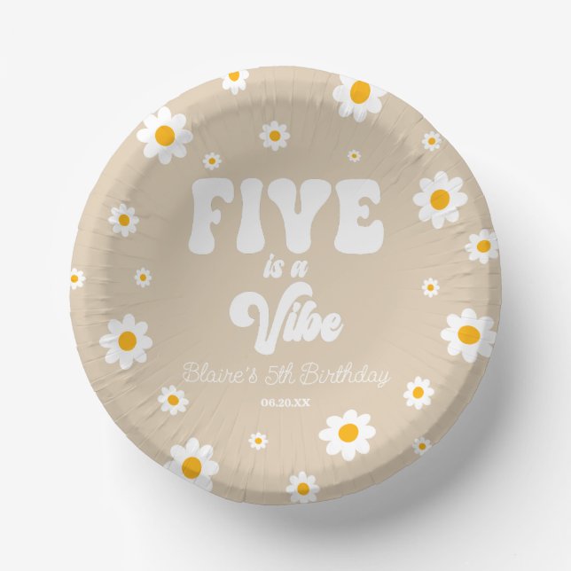 Daisy Flower Five Is A Vibe 5th Birthday Party Paper Plate (Front)