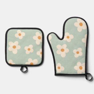 Daisy flower floral green pattern pastel colours oven mitt & pot holder set