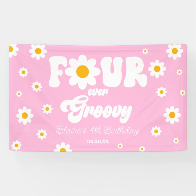 Daisy Flower Four Ever Groovy 4th Birthday Party Banner (Horizontal)