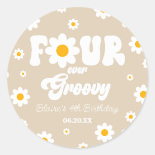 Daisy Flower Four Ever Groovy 4th Birthday Party Classic Round Sticker