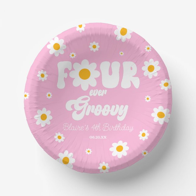 Daisy Flower Four Ever Groovy 4th Birthday Party Paper Plate (Front)
