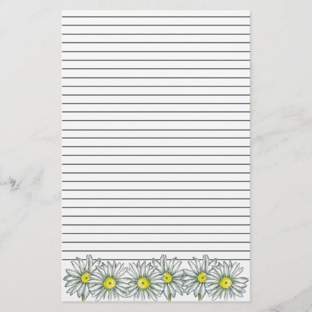 Daisy Flower Grey Stripe Lined Stationery (Front)