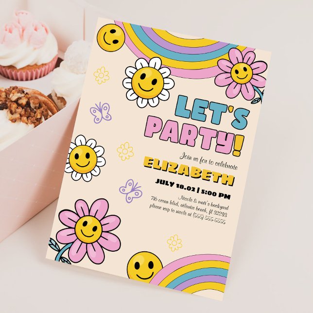 Daisy Flower Groovy Retro Birthday Invitation Card (Creator Uploaded)