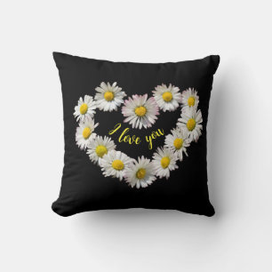 Daisy Flower Heart I Love You Romantic Black Throw Cushion