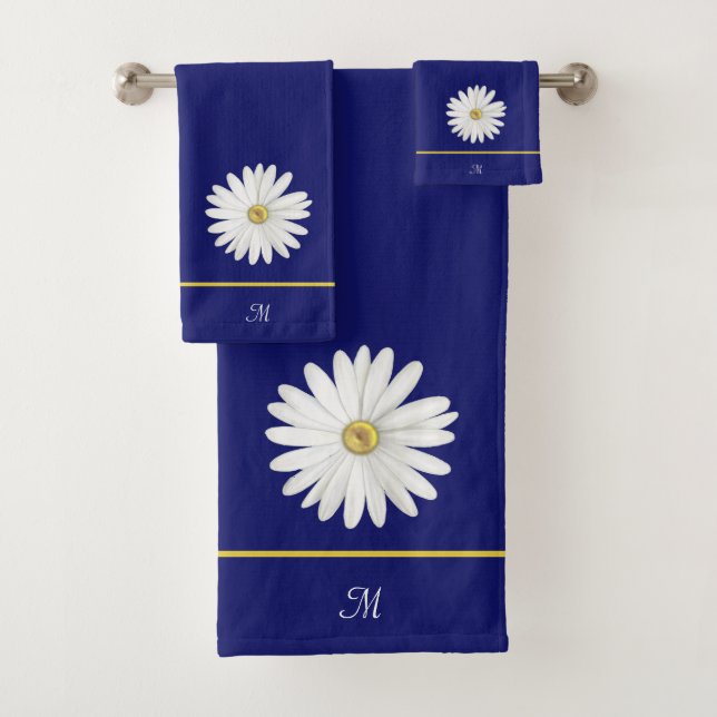 Daisy Flower & Monogram on Navy Blue Bath Towel Set (Insitu)