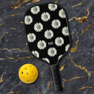 Daisy Flower Pattern Cute Girly Trendy White Black Pickleball Paddle