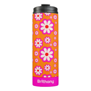 Daisy Flower Pattern Pink& Orange 70s Retro Name Thermal Tumbler