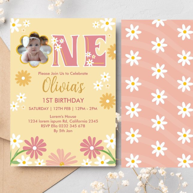 Daisy Flower Photo One Girl 1st Birthday Invitation (Creator Uploaded)