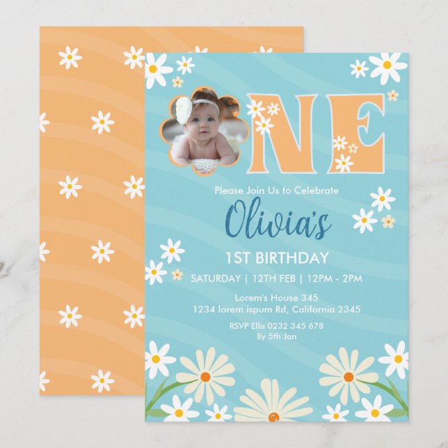 Daisy Flower Photo One Girl daisy 1st Birthday Invitation (Front/Back)