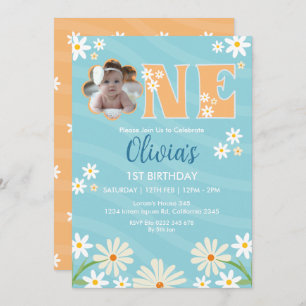 Daisy Flower Photo One Girl daisy 1st Birthday Invitation