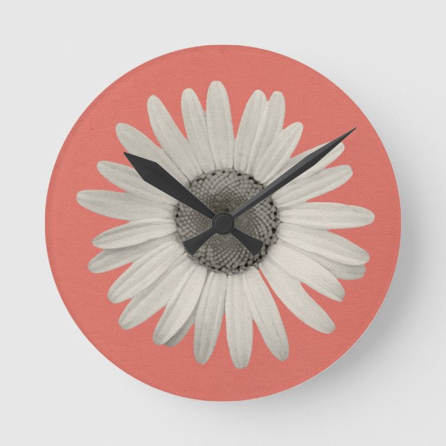 Daisy Flower Pop of Colour Coral Pink Round Clock (Front)