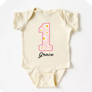 Daisy Flower Retro Boho 1st Birthday  Baby Bodysuit