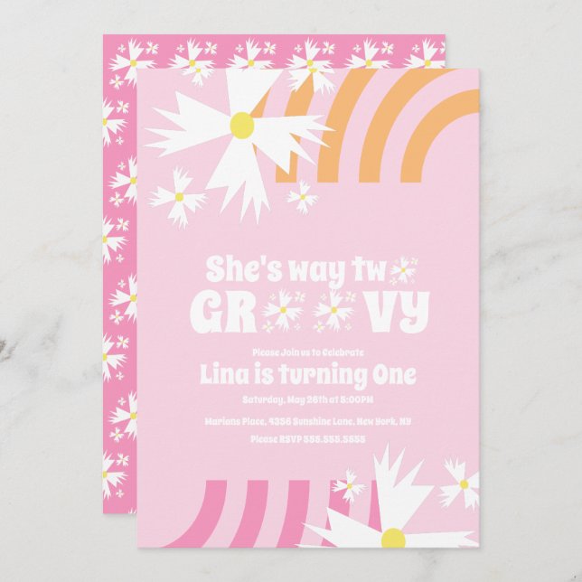 Daisy Flower Retro Way Two Groovy Birthday  Pink (Front/Back)