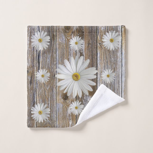 Daisy Flower Rustic Barn Board Bath Towel Set (Wash Cloth)