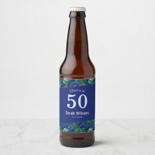 Daisy Flower Theme 50th Birthday Mother Boho Blue Beer Bottle Label
