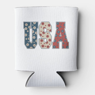 Daisy Flower USA Flag 4th of July Patriotic Can Cooler