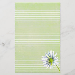 Daisy Flower White Lined Sage Green Stationery
