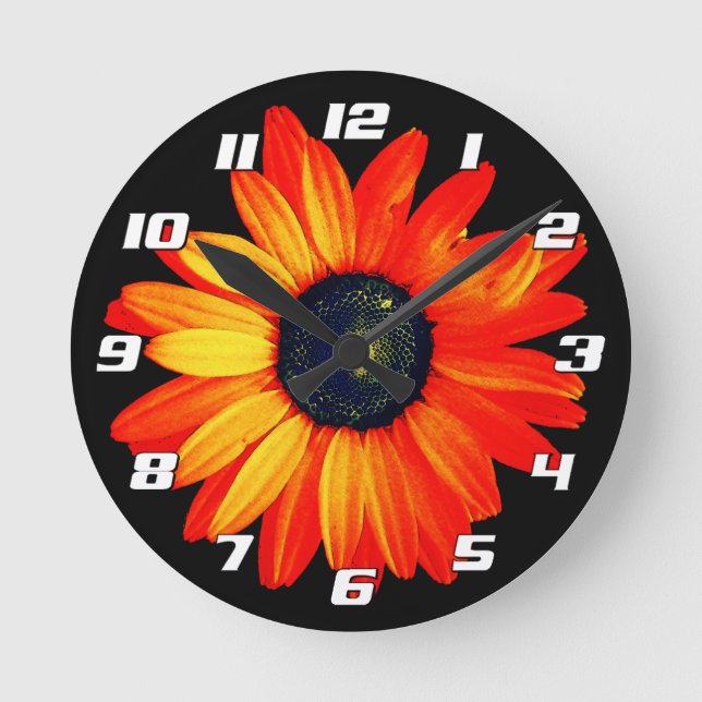 Daisy Flower with Orange Petals with Numbers Round Clock (Front)